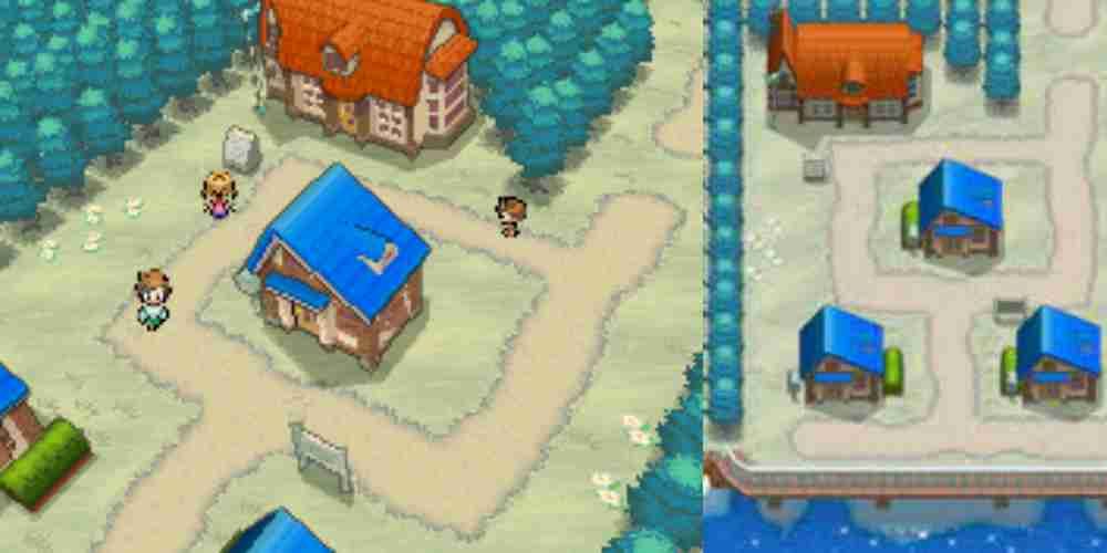A sideays shot of Nuvema Town from Pokemon Black and White and its map.