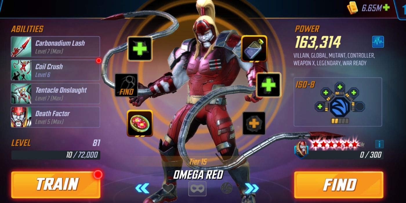 Omega Red's roster page in Marvel Strike Force