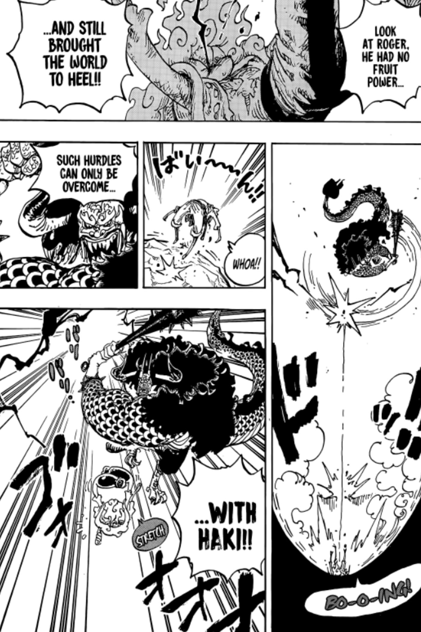 Luffy fights Kaido in One Piece.