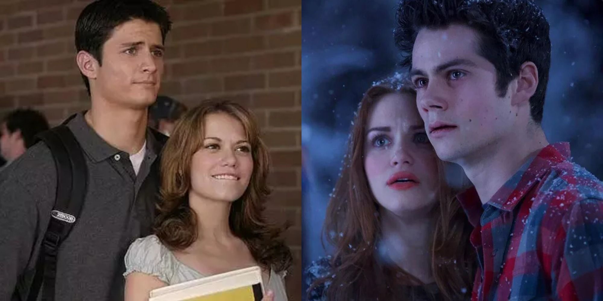 Split image showing Nathan and Haley in One Tree Hill and Lydia and Stiles in Teen Wolf.