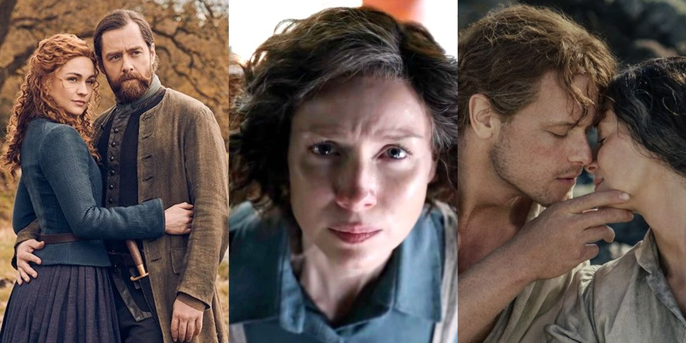 A tri-split image showing Brianna and Roger on the left, Claire in the middle, and Claire and Jamie on the right from Outlander