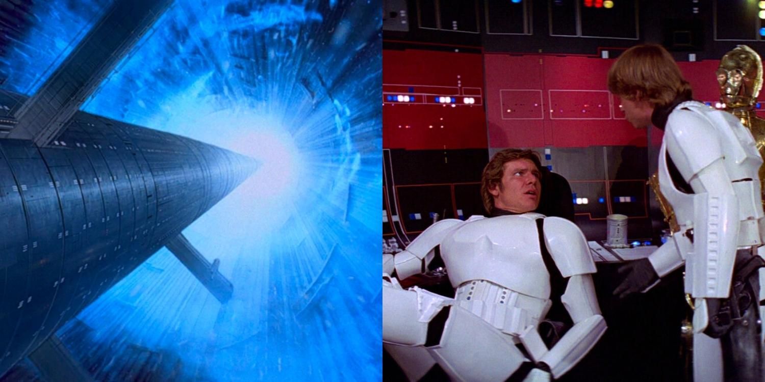 Palpatine’s dark side burst when falling down the shaft and Hand and Luke dressed as stormtroopers