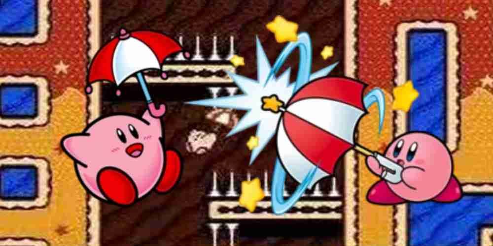 Parasol Kirby peacefully floats down and also spins at enemies.