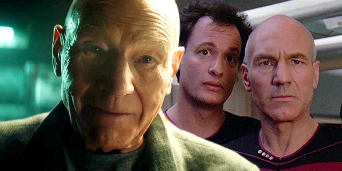 Patrick Stewart as Jean Luc Picard in Star Trek Picard and John de Lancie as Q in Star Trek The Next Generation