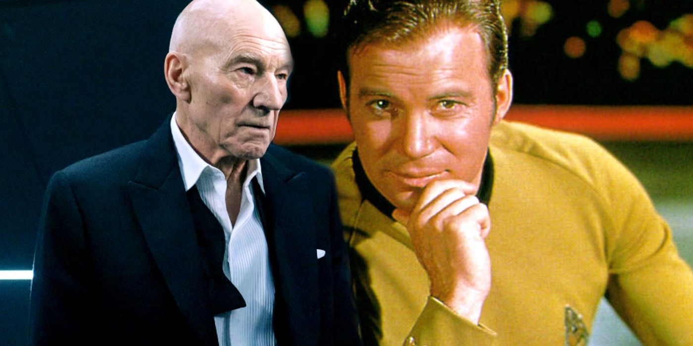 Patrick Stewart as Jean Luc Picard in Star Trek Picard and William Shatner as Kirk in Star Trek