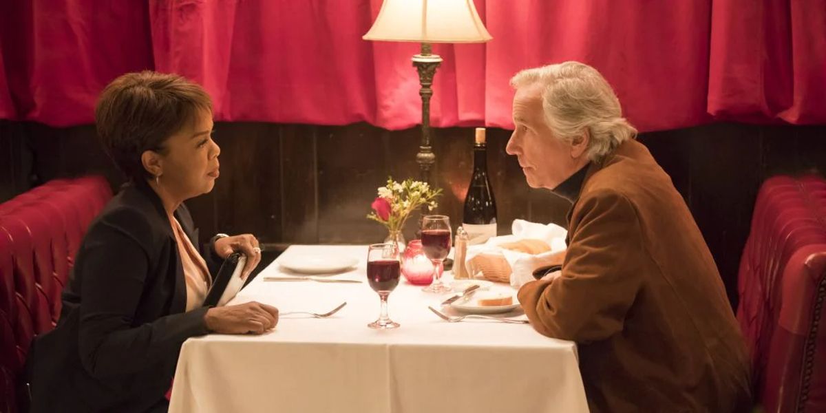 Paula Newsome as Janice Moss having dinner with Henry Winkler as Gene Cousineau on HBO Barry