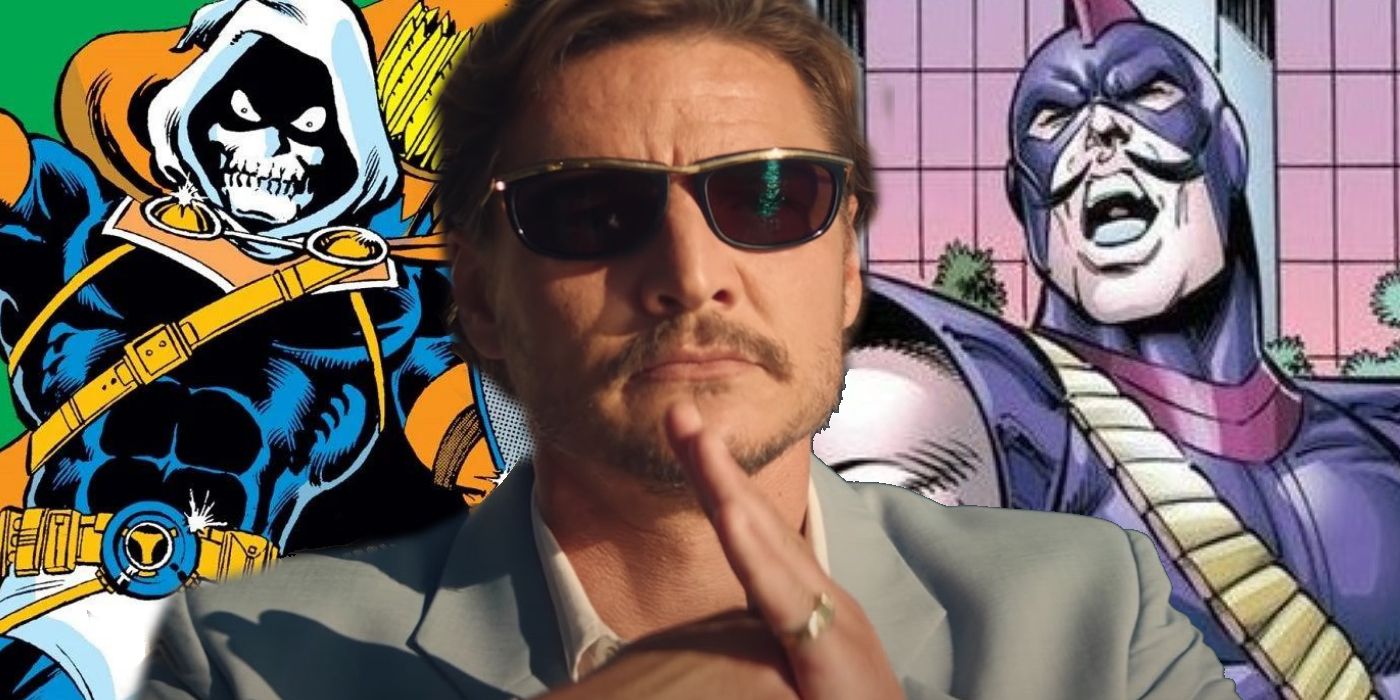Foreground: Pedro Pascal wearing sunglasses and suit in the unberable weight of massive talent; background: taskmaster and swordsman from marvel comics