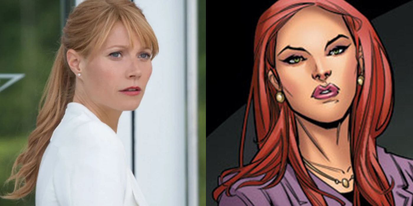 Gwyneth Paltrow in Iron Man, looking into the distance; Pepper Potts from the comics