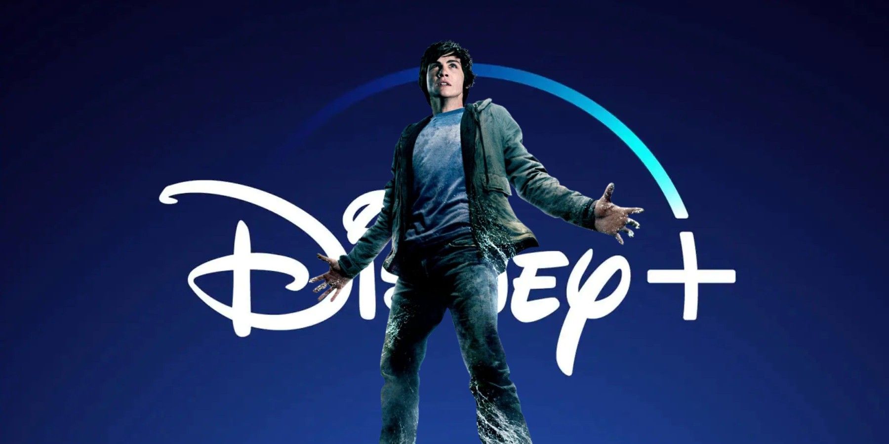 A blended image features the Logan Lerman as Percy Jackson over the Disney+ logo