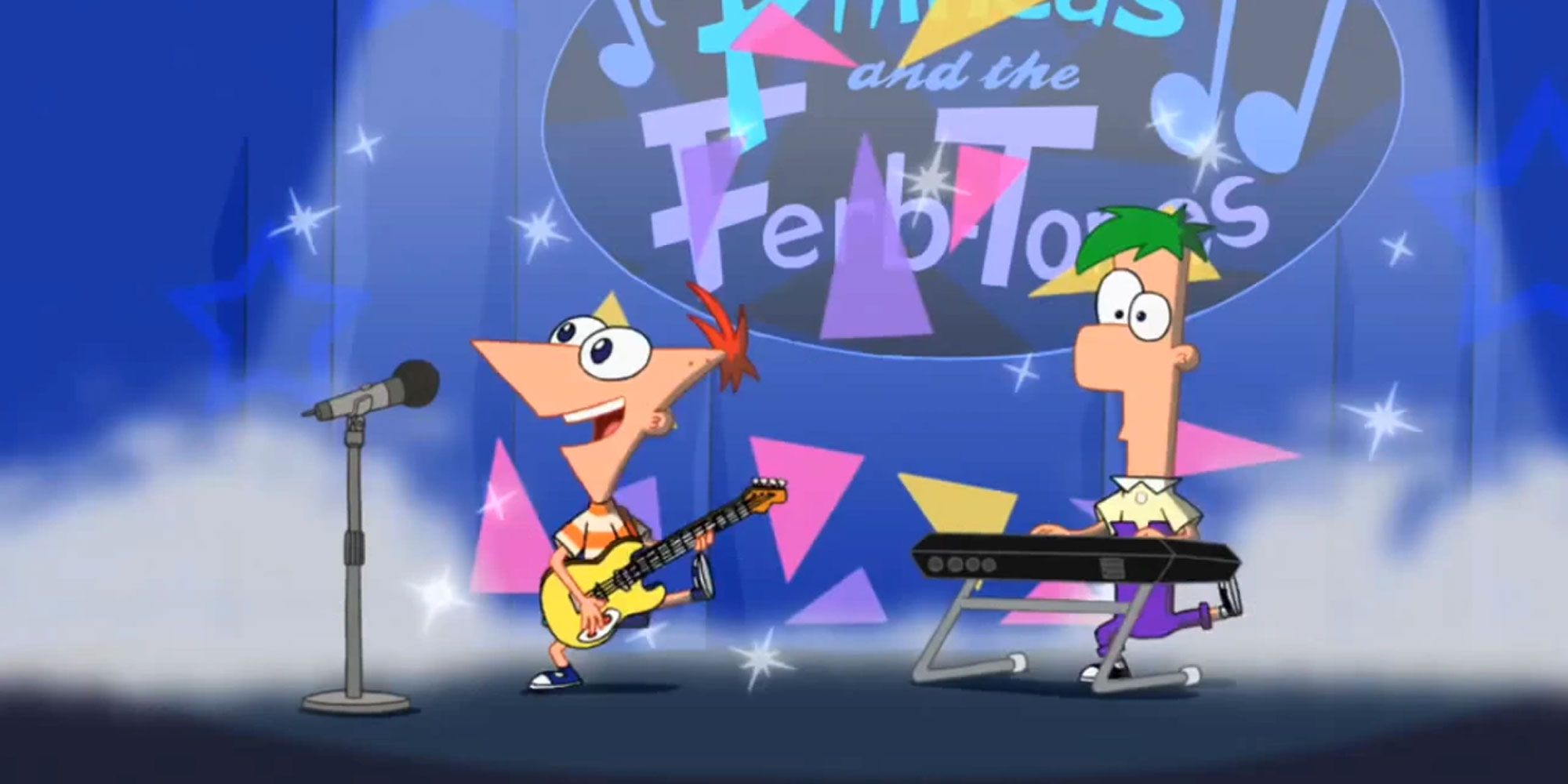 Phineas and ferb on stage playing instruments