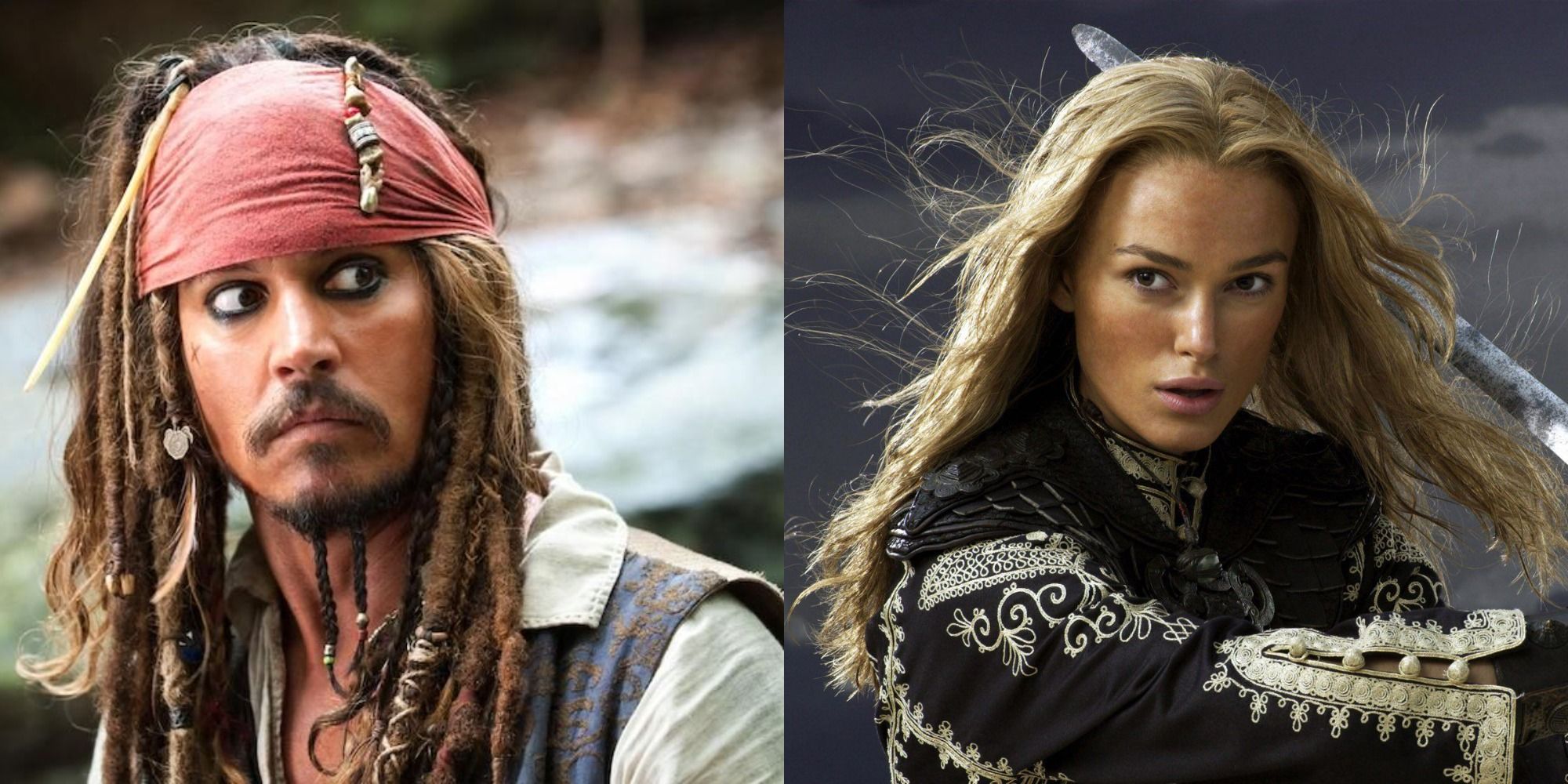 Split iamge showing Jack Sparrow and Elizabeth Swann in Pirates of the Caribbean.