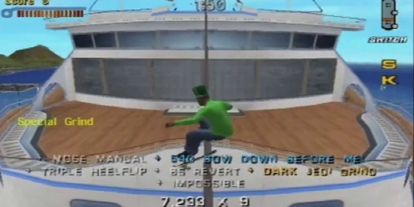 Player grinds along the cruise ship in Tony Hawk's Pro Skater 3