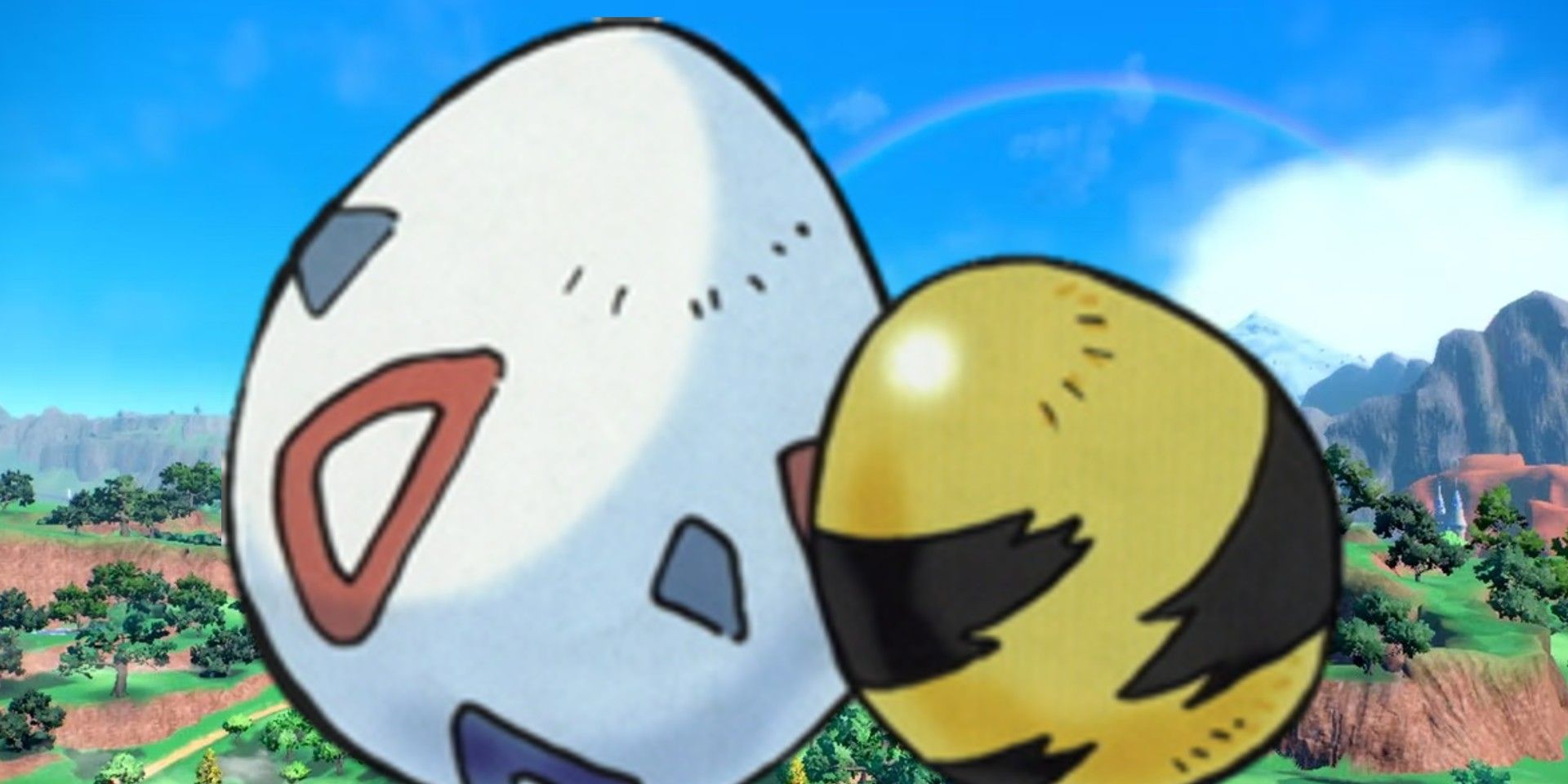 Uma ilustração de dois Ovos Pokémon sobrepostos em uma paisagem da região Paldea de Scarlet e Violet.