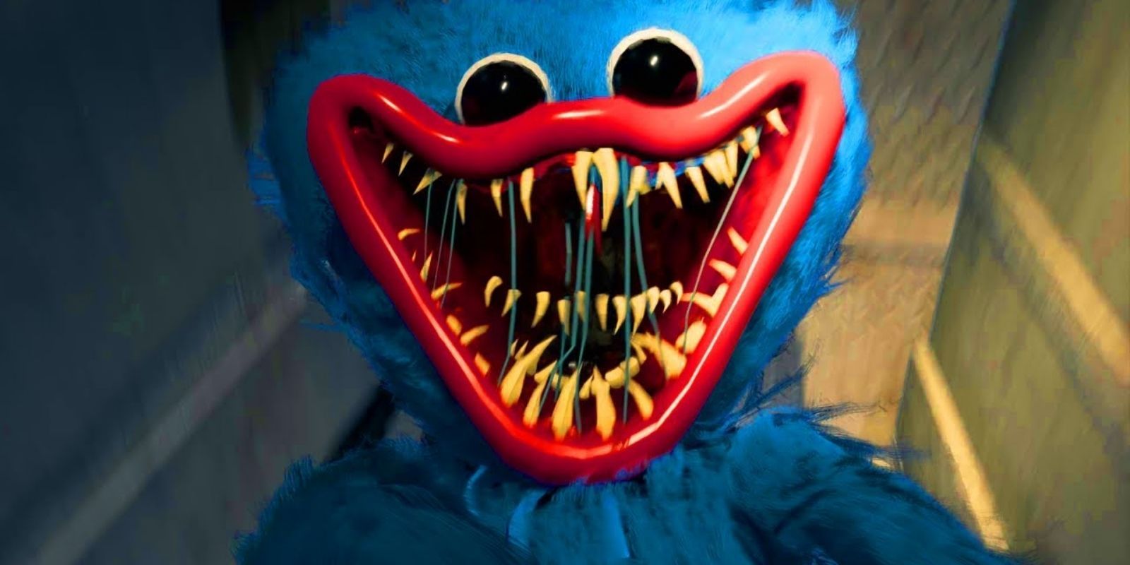 Poppy Playtime monster Huggy Wuggy, a blue plush toy with a gaping toothy smile.