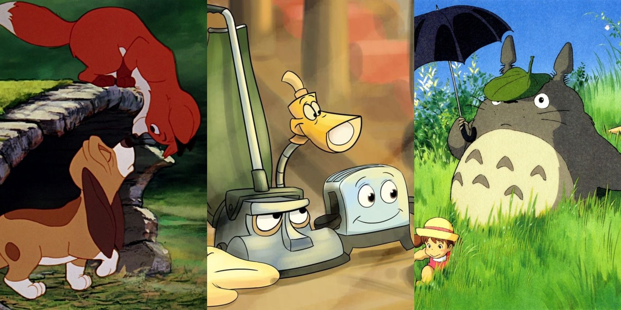 Split image of Fox and the Hound, the Brave Little Toaster, and My Neighbor Totoro