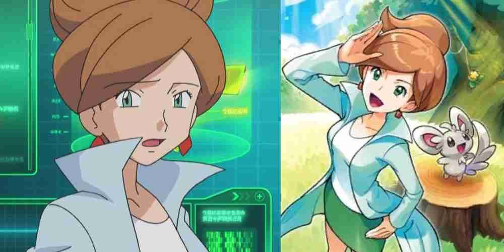 Professor Juniper from Pokemon looks aside in the anime and up with a Miccino on a card.