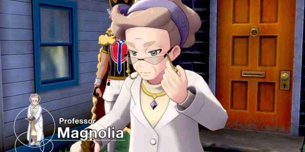 Professor Magnolia from Pokémon Sword and Shield is introduced in front of Leon.