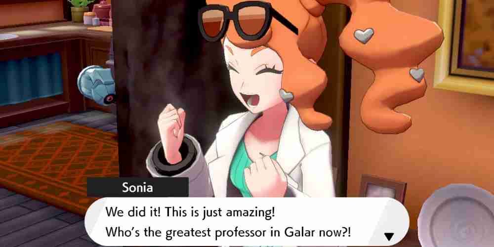 In Pokemon Sword and Shield Professor Sonia celebrates her success.