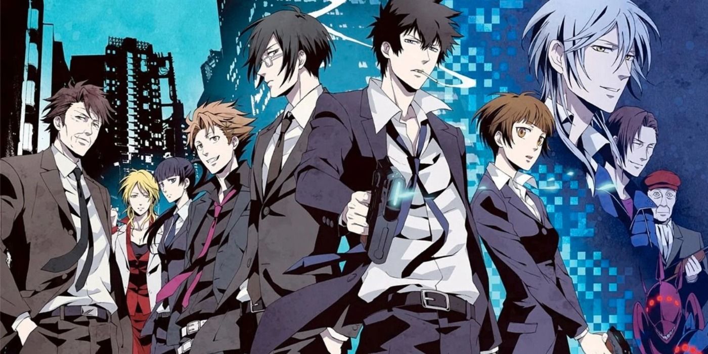 Pemeran utama Psycho-Pass berbaris dalam key art.