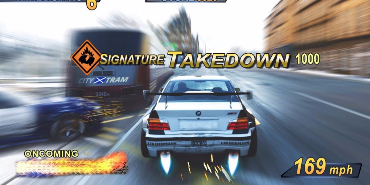 A car performs a takedown from Burnout 3 Takedown