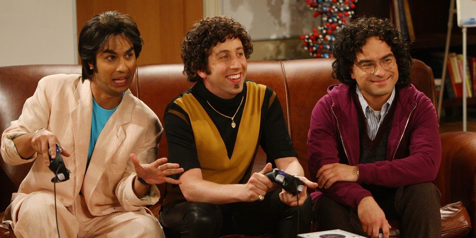 Raj, Howard, and Leonard on the couch in The Big Bang Theory 
