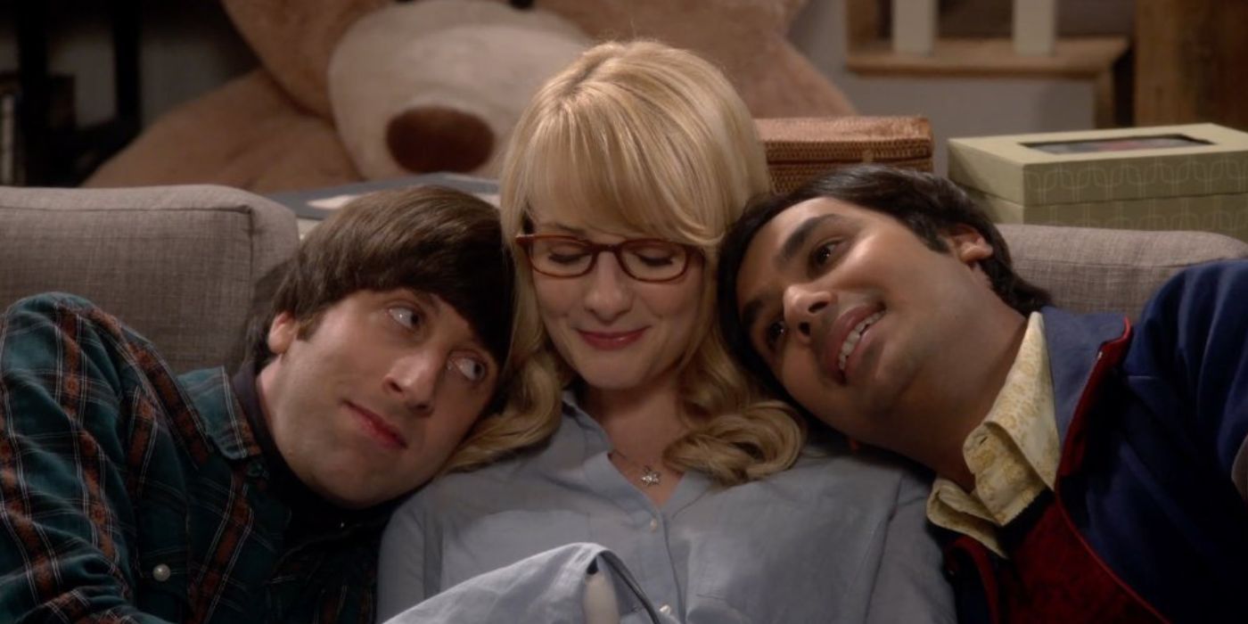 Raj and Howard hugging Bernadette on TBBT