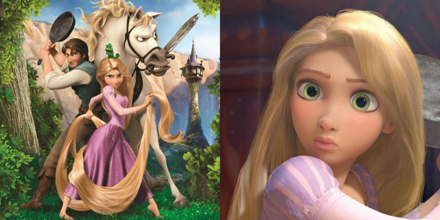 A split image of the cover from Tangled on the left and a close up of Rapunzel's face from Tangled on the right.