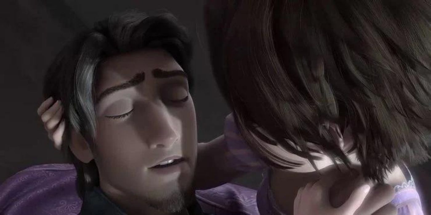 Rapunzel holding Flynn when he's injured on Tangled
