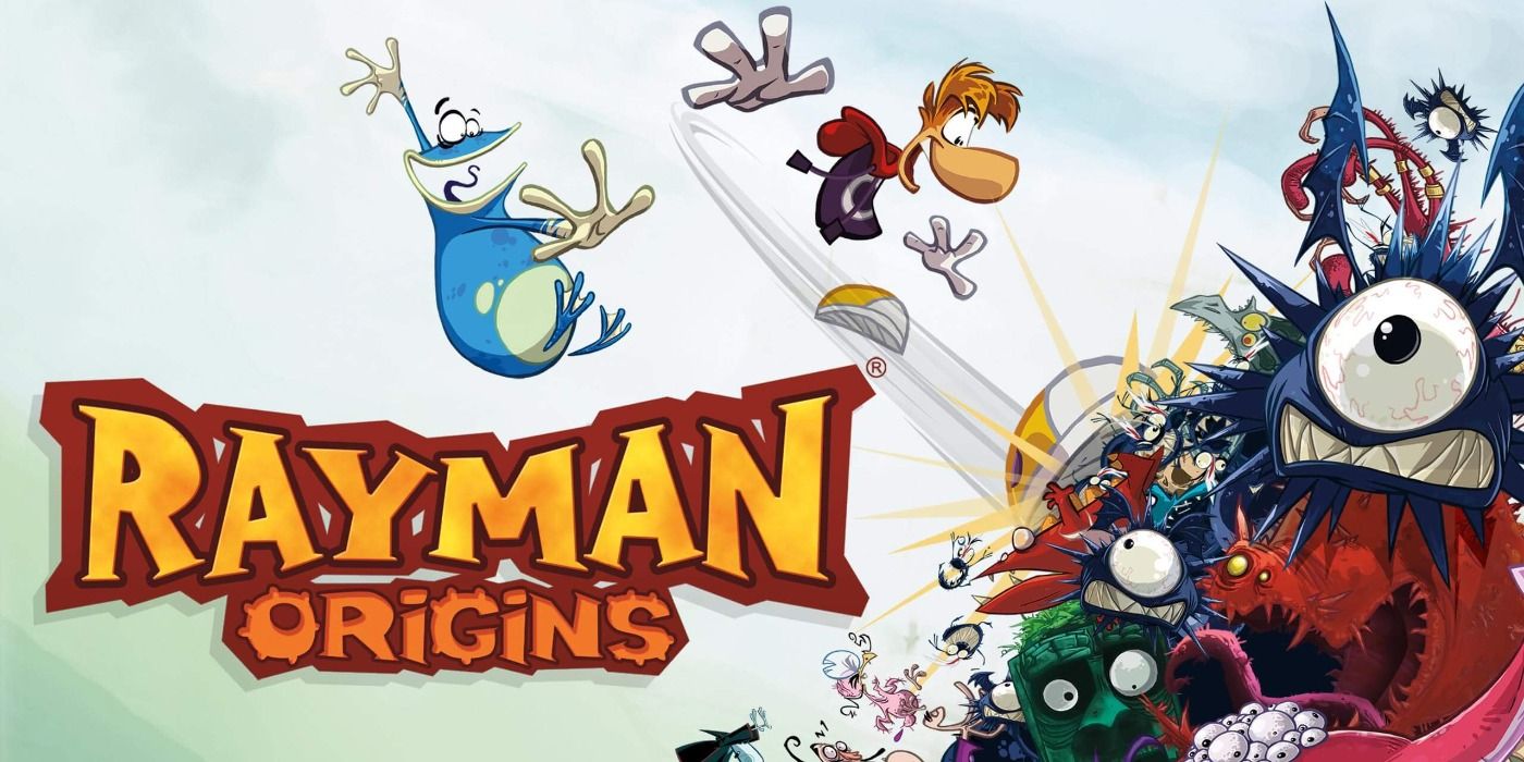 Globox and the titular Rayman fighting the vast cast of enemies in Origins promo art