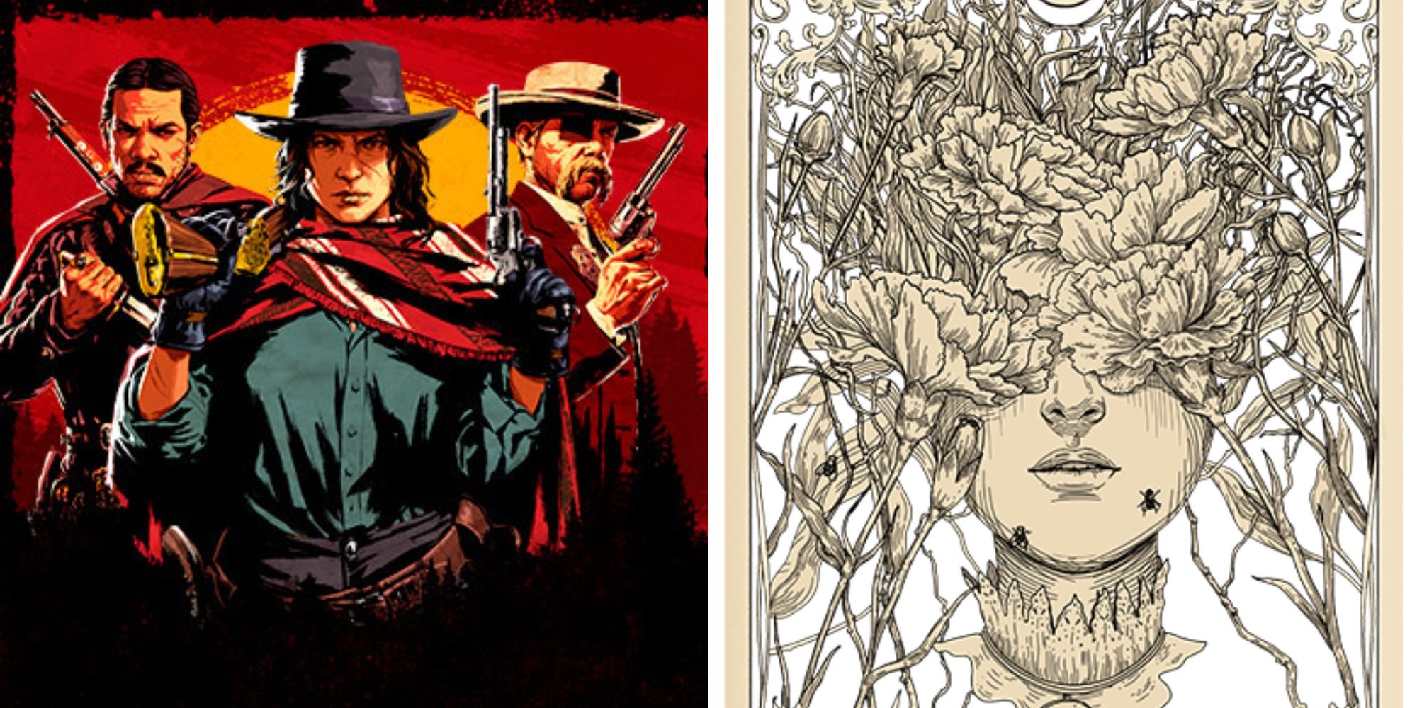 Split image showing the cover of Red Dead Online and the Quite an Inspiration card.