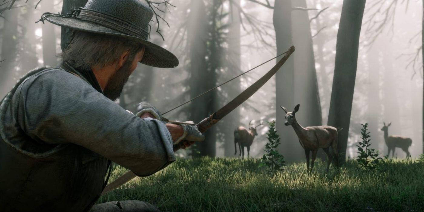 Arthur Morgan chasse le cerf dans Red Dead Redemption 2.