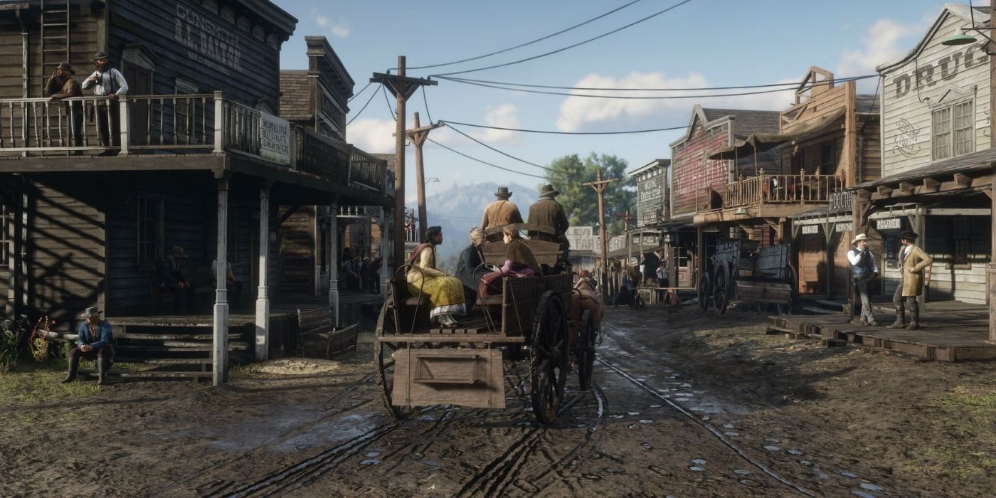 Arthur escorting several gang members using a cart to Valentine in Red Dead Redemption 2.