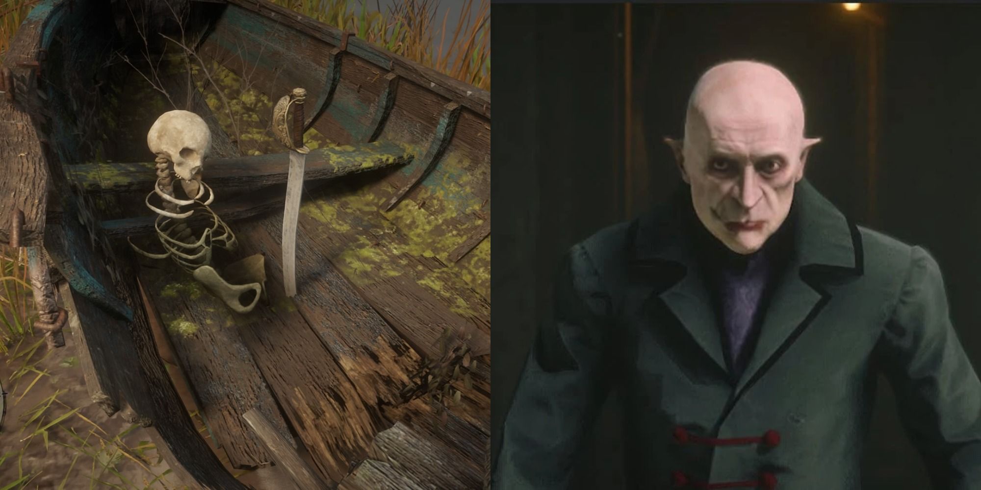 Split image showing the pirate shipwreck and vampire in Red Dead Redemption.