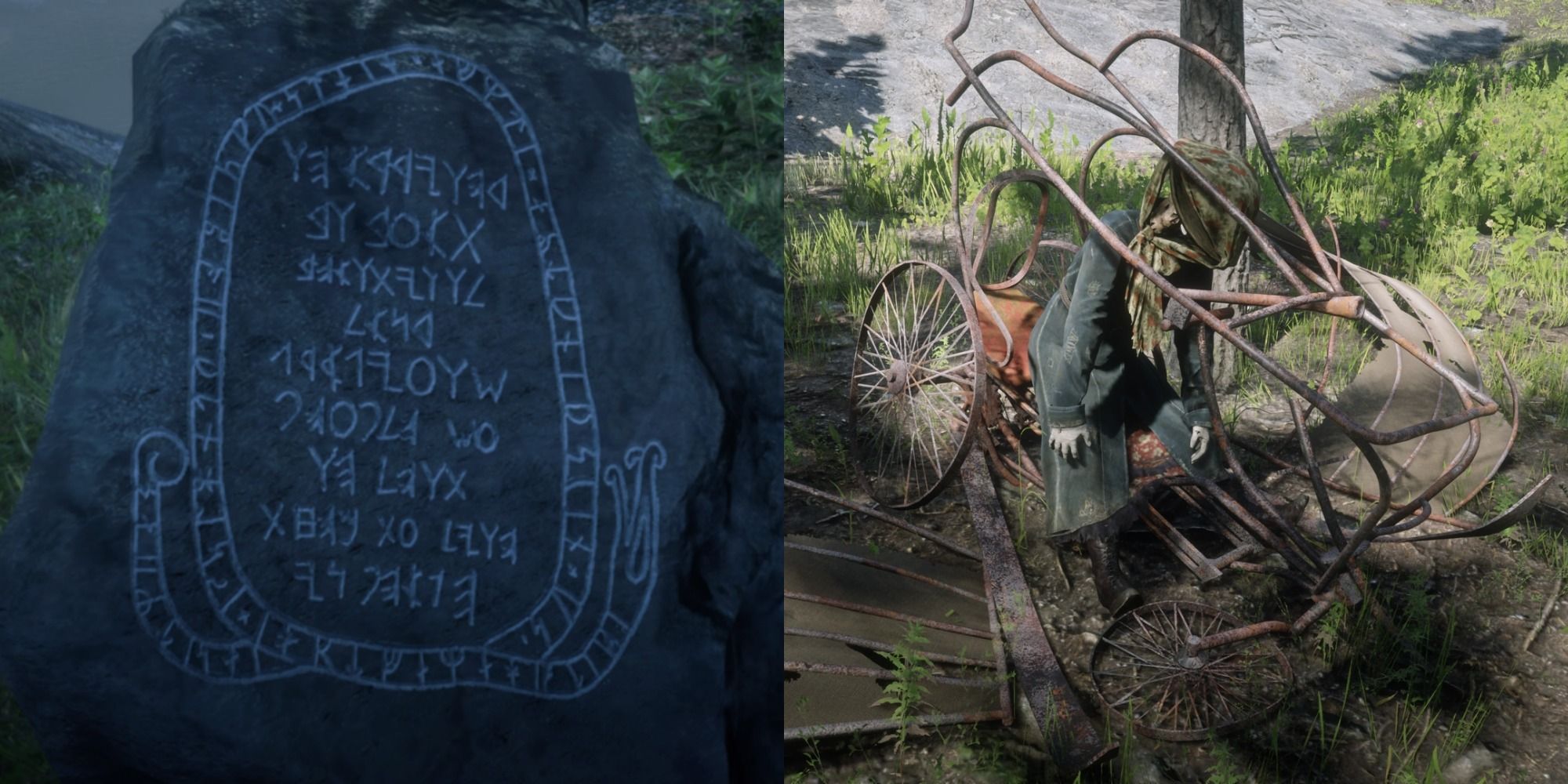 Split image showing a stone with runes and a wrecked machine in Red Dead Redemption.