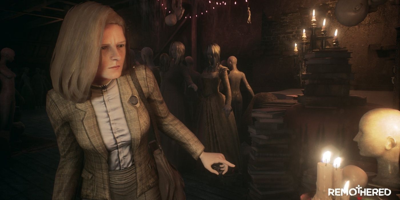 A female character surrounded by a crowd in Remothered Tormented Fathers.