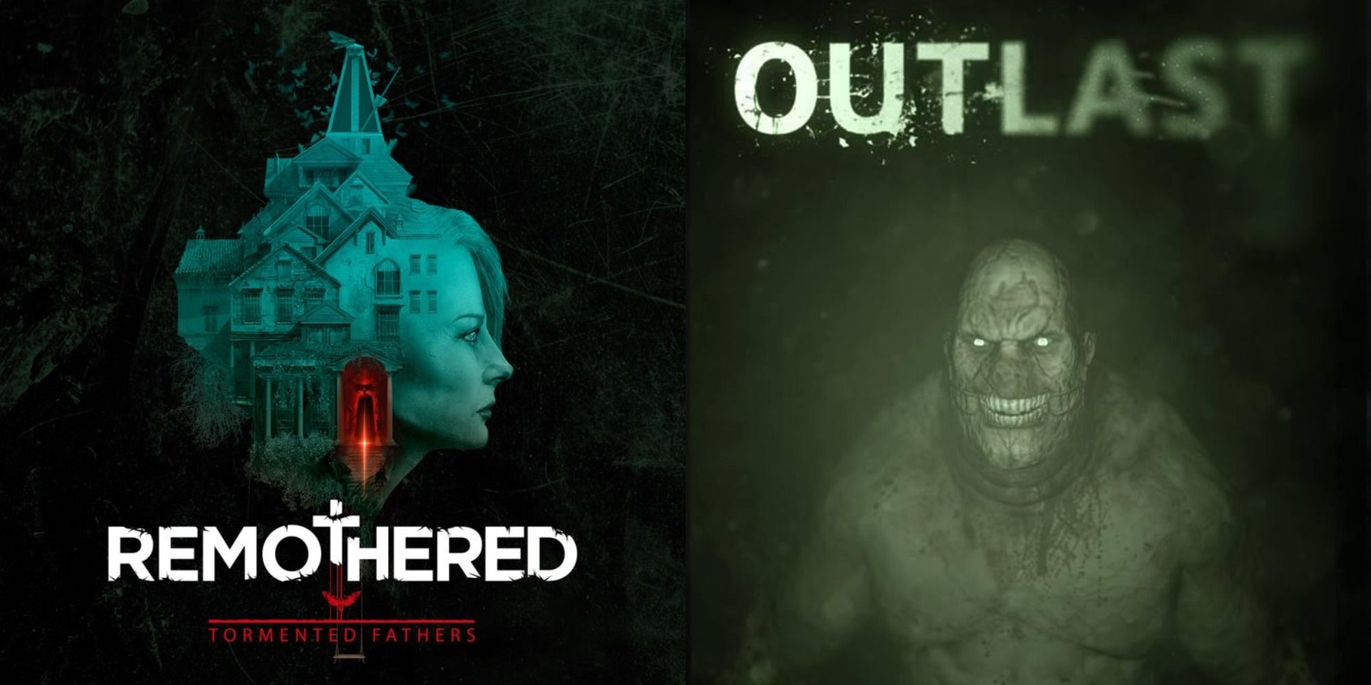 Split image showing covers for Remothered: Tormented Feathers and Outlast.