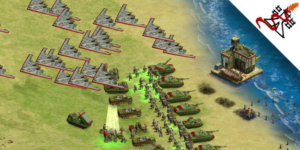 Gameplay from Rise of Nations. Tanks facing off against stealth bombers.
