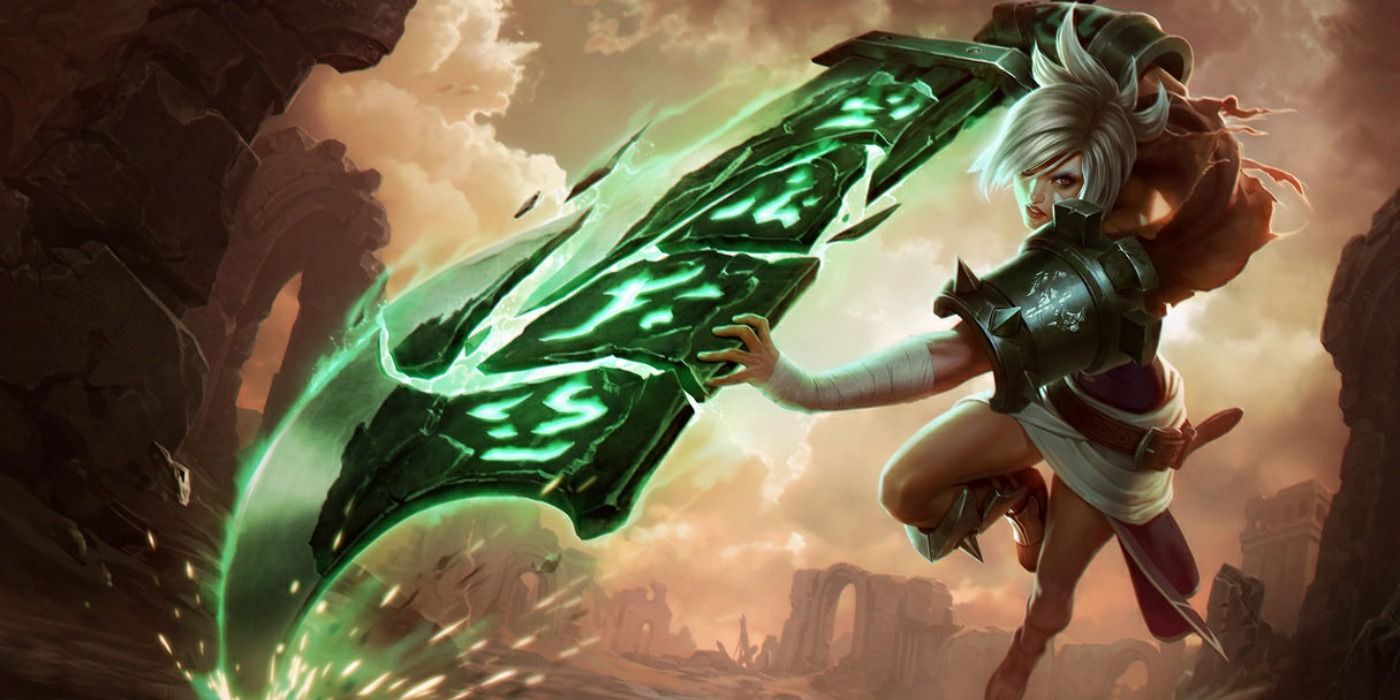 Riven jumps with her rune sword