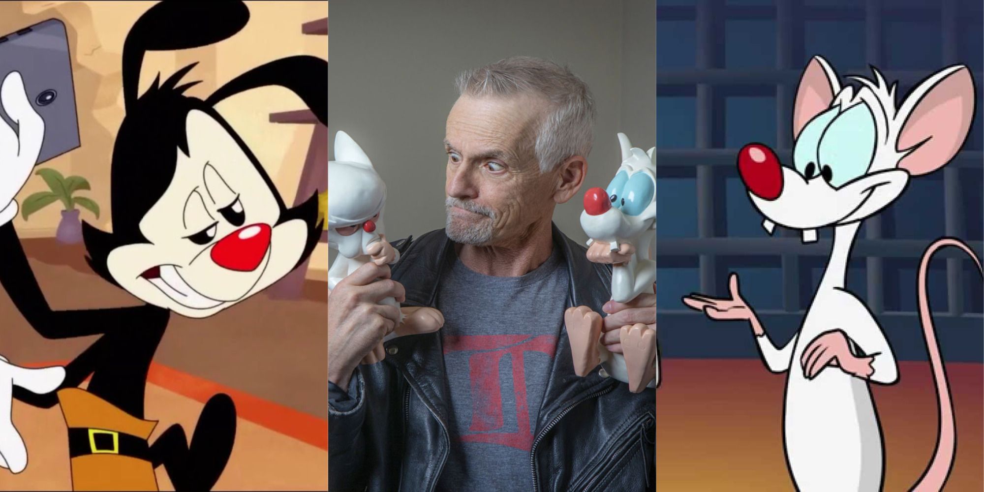 Images of Yakko, Rob Paulson With Brain and Pinky figurines, and Pinky