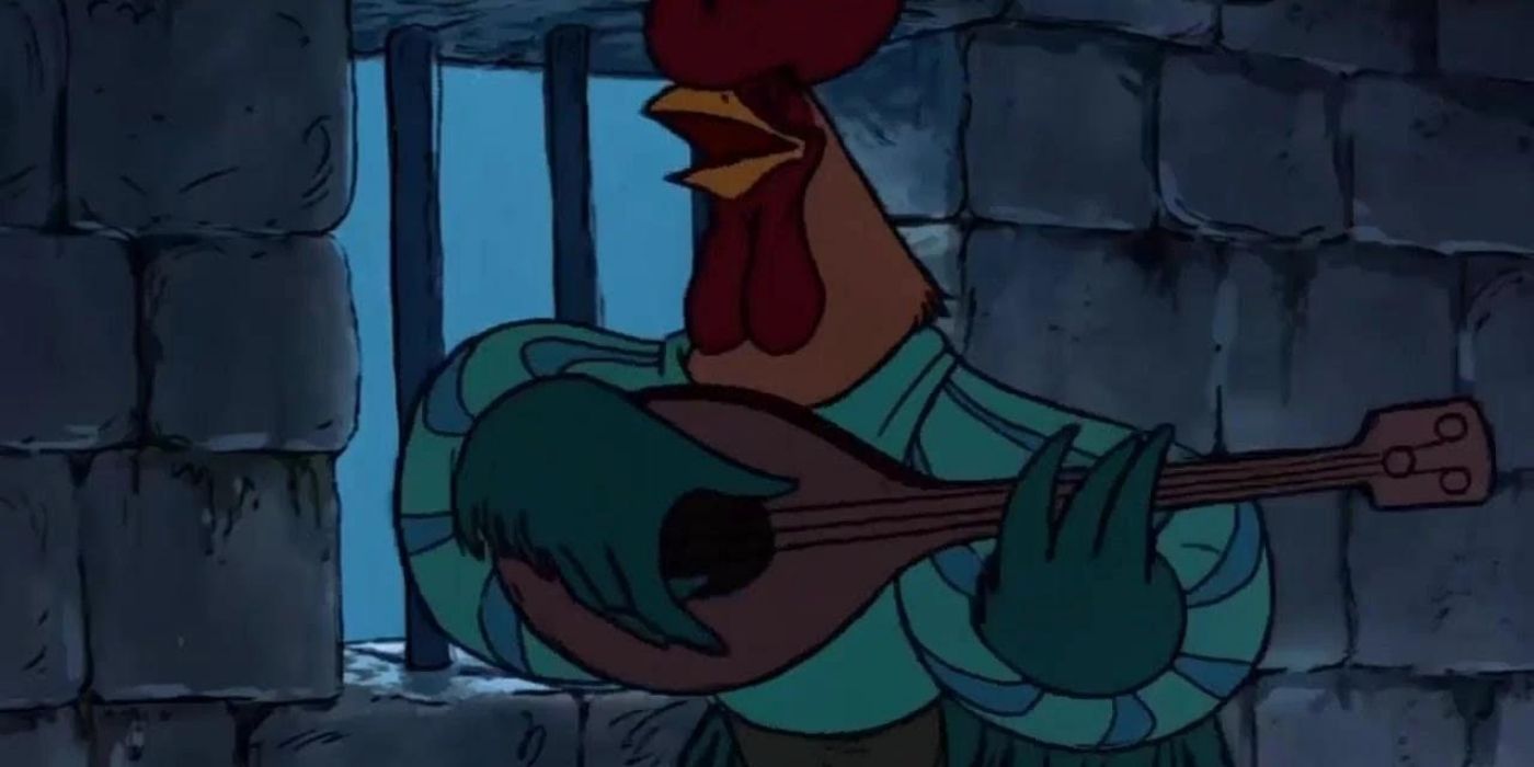 Alan-A-Dale tocando alaúde dentro de uma cela em Robin Hood