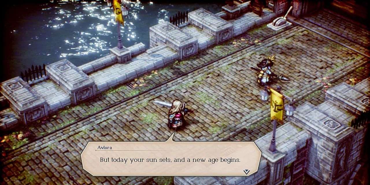 Roland and Avlora facing off on a bridge in Triangle Strategy