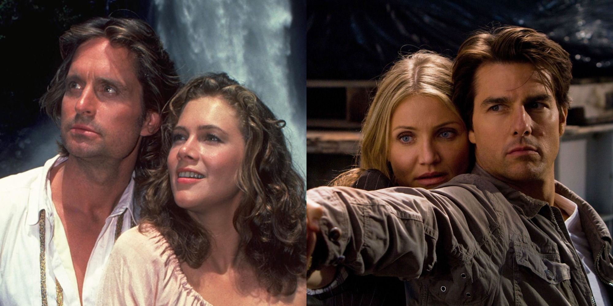 Split image showing the main characters from Romancing the Stone and Knight and Day.