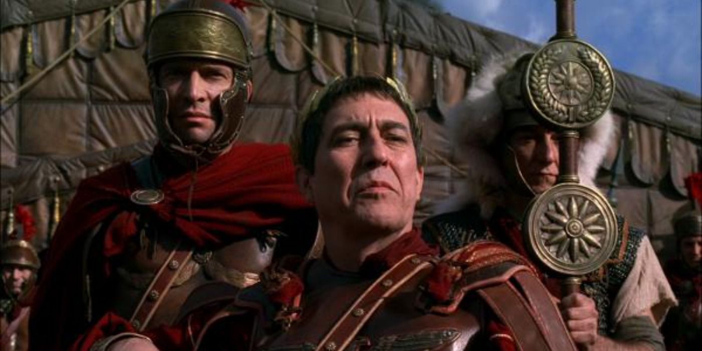 Rome's Caesar on HBO, flanked by his guards