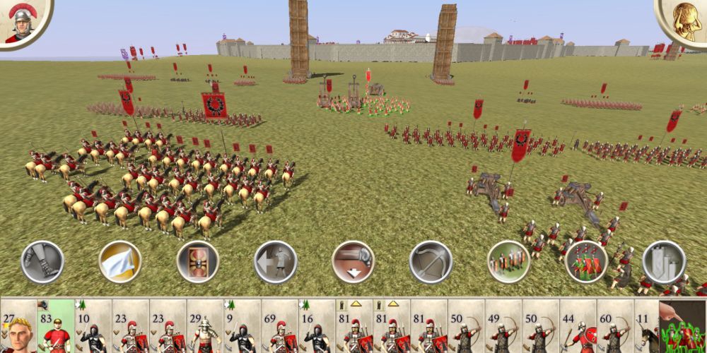 Gameplay from Rome: Total War. Two armies facing off.