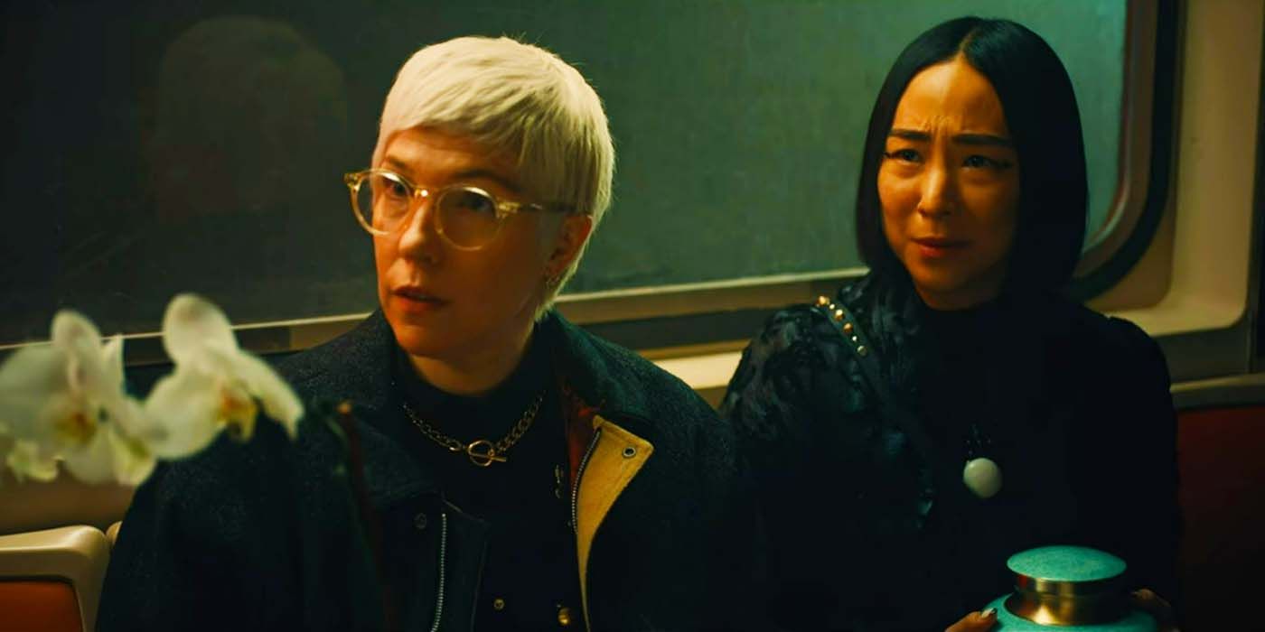 Lizzy and Maxine on a train in Russian Doll.