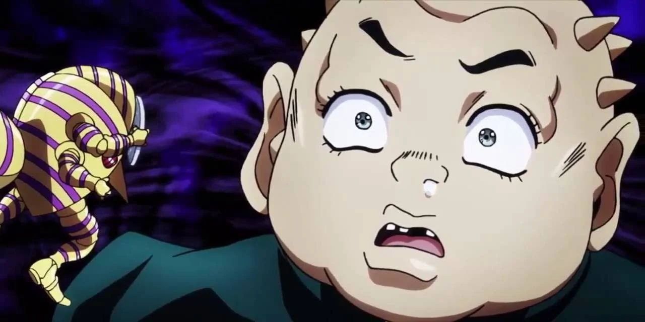 Shigekiyo Yangu with his eyes wide open and looking confused in Jojo&rsquo;s Bizarre Adventure: Diamond Is Unbreakable.