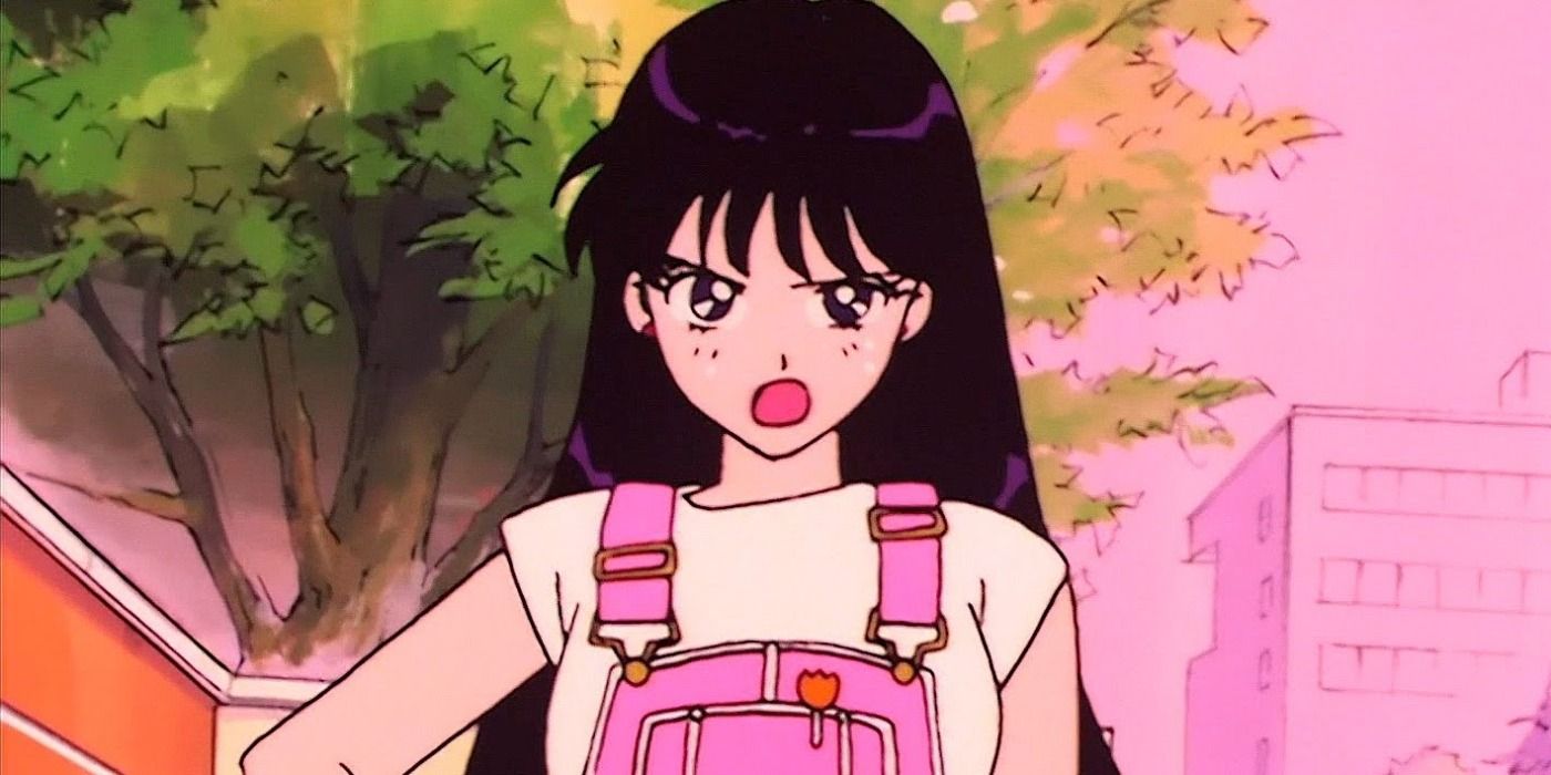 Rei in pink overalls in the 90s Sailor Moon anime