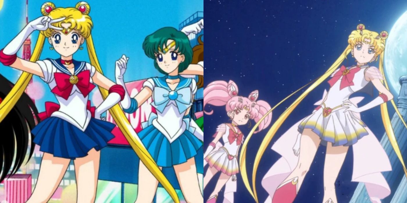 A split image features the 90s anime Sailor Moon and the Crystal anime Sailor Moon
