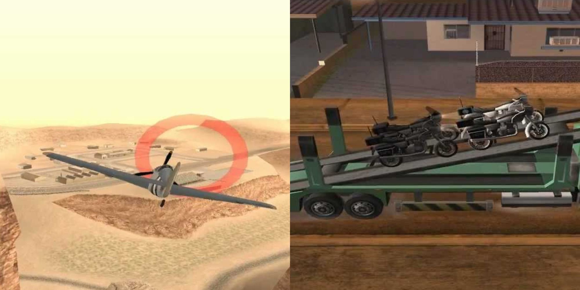 Split image of a plan flying and bikes on a truck in GTA San Andreas