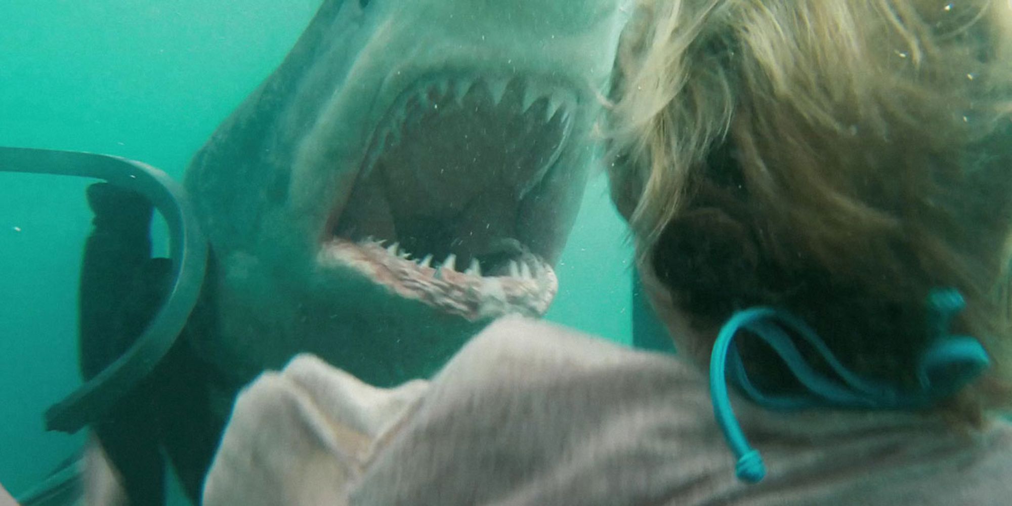 Sara being attacked by a shark inside a cage in Shark Night